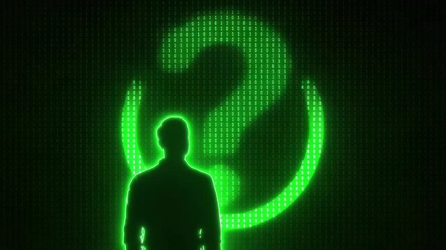 Silhouette of a person facing a large glowing green question mark made of binary digits on a dark digital background