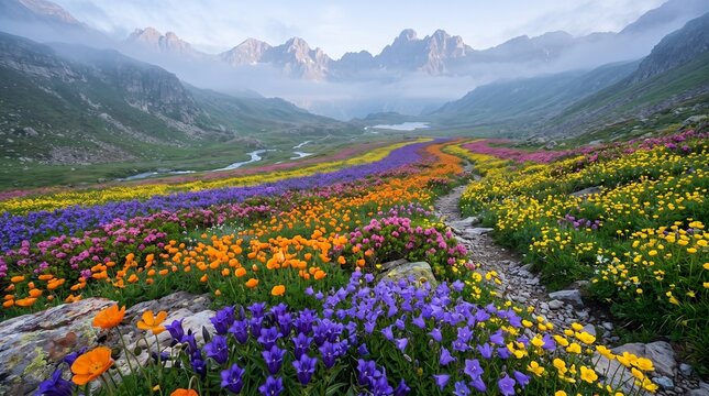Vibrant Alpine Mountain Valley with Winding Wildflower Field and Misty Peaks