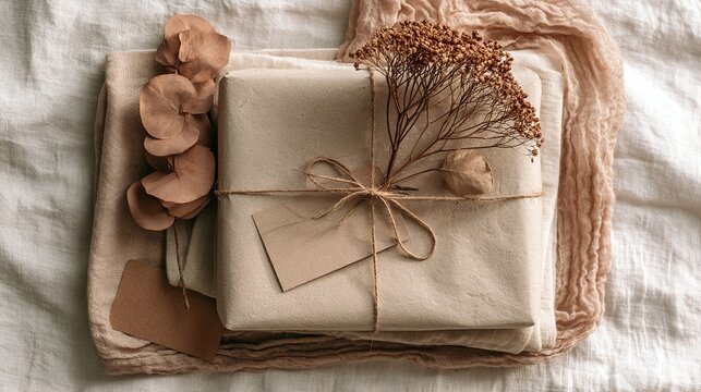 Wrapped gift with twine bow dried flowers and tag on fabric