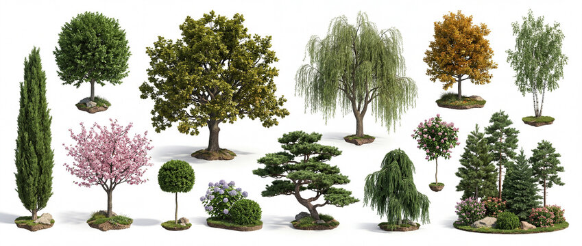 3D rendered diverse collection of trees and plants: isolated studio shot showcasing various species for digital design.