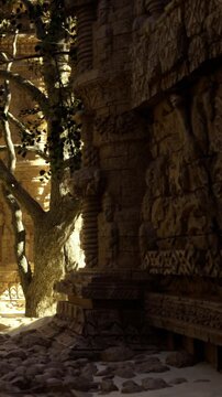 Sunlight filters through the tree branches, casting shadows on detailed stone carvings at a historic temple site. The ancient structures reveal intricate designs and stories from the past.