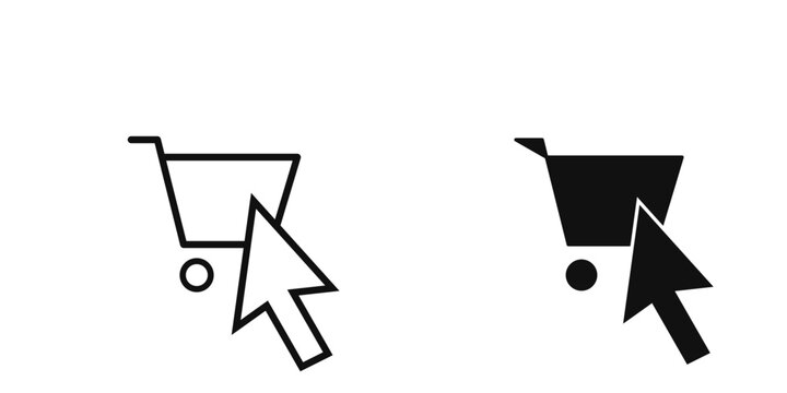 E-commerce online shopping cart click icon with mouse arrow cursor pointer in outline and solid filled vector styles
