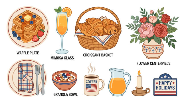 A festive holiday table setting with a waffle plate, mimosa glass, and crossiant basket on a table with a flower centerpiece and various breakfast foods