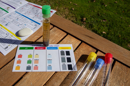 Testing soil for Nitrogen, Phosphorus, Potassum and PH Levels with a soil test kit in Autumn, New Zealand
