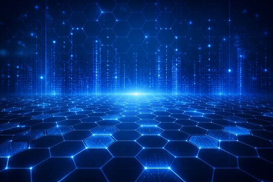Deep blue hexagons glow beneath vertical data streams. Luminous lines pulse with energy, forming a futuristic digital floor. Bright core illuminates the scene, drawing the eye forward