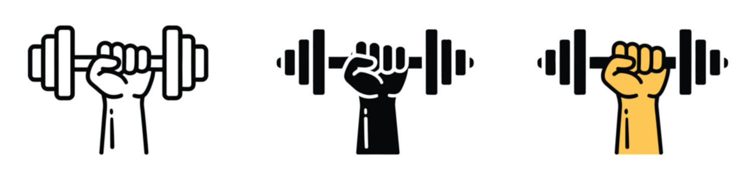 Hand holding dumbbell icon showing fitness strength symbol for weight lifting exercise training muscle development and physical power concept vector, design