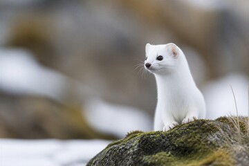 Naklejka premium White weasel perches alert on mossy rock. Snowy background blurs softly behind. Eyes gleam with focused curiosity. Stillness speaks of Arctic or alpine terrain. Ideal for wildlife, nature
