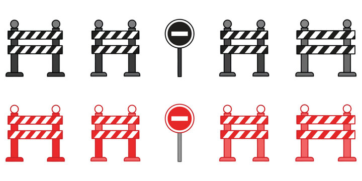 Road construction barrier icon set vector collection featuring traffic barricades no entry signs and safety roadblock symbols for urban infrastructure and warning signage design