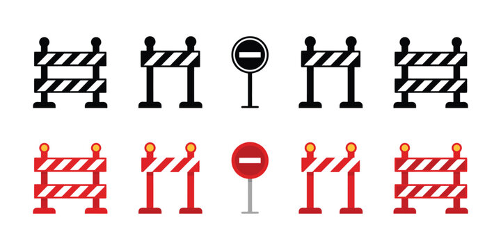 Road construction barrier icon set vector collection featuring traffic barricades no entry signs and safety roadblock symbols for urban infrastructure and warning signage design