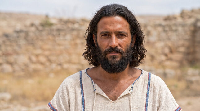 Portrait of a confident biblical man identifiable as King Solomon. Ancient Levantine Semitic male leader standing outdoors by stone ruins