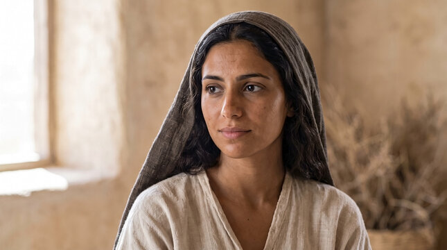 Portrait of a young ancient Levantine Semitic woman identifiable as Rachel. Biblical female character in traditional clothing indoors