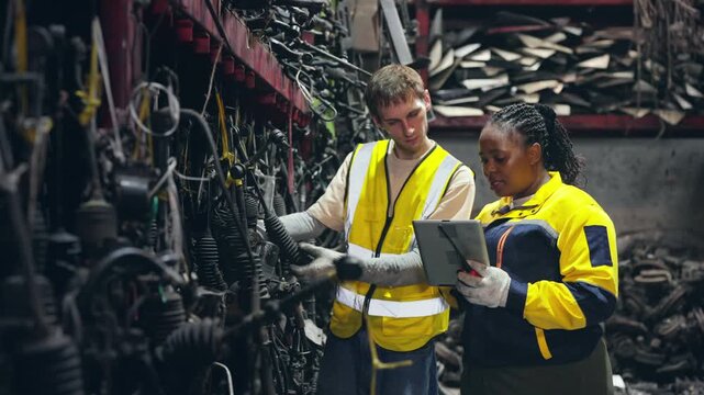 Male and Female auto warehouse garage worker teamwork inspecting spare parts and industrial factory on storage shelves, inventory management and maintenance workflow in automotive workshop service