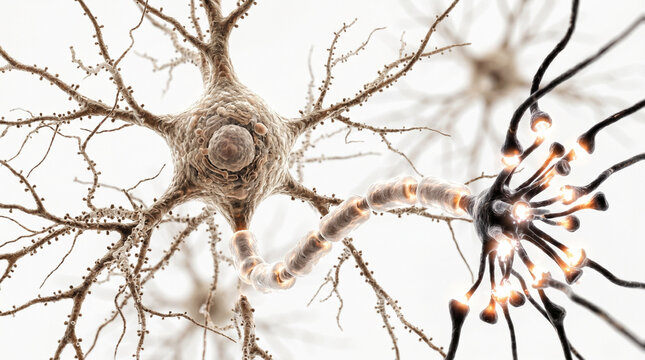 Biological neuron cell with glowing synapses.
