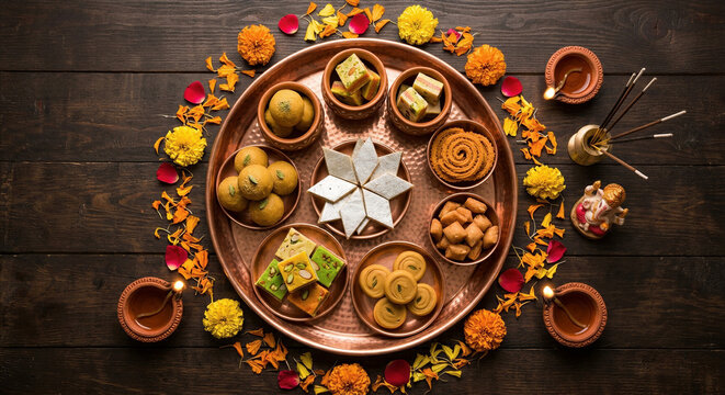 Traditional Indian sweets mithai thali for Diwali festival celebration. Assorted faral desserts on copper platter with marigold flowers and burning diya lamps on dark wooden background