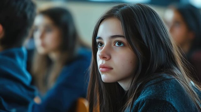 Young Girl with Long Hair Resting Her Head on Her Hand at School