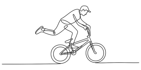 Obraz premium A continuous single line drawing of a young man riding his bmx bike performing a trick with action and energy in motion Vector, illustration