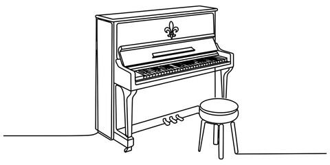Continuous single line drawing of an upright piano and a small round stool for a musician to sit and play music Vector, illustration © Normal Line Drawing