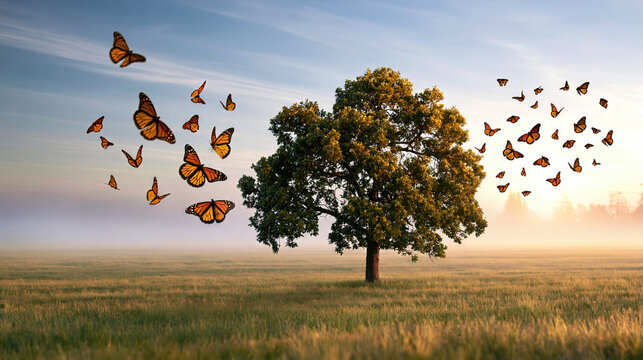 Buttefliers in a serene meadow at sunset