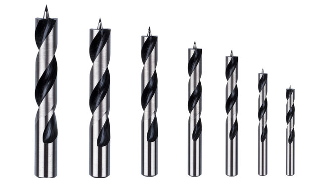 Isolated set of sharp brad point wood drill bits in various sizes for woodworking.