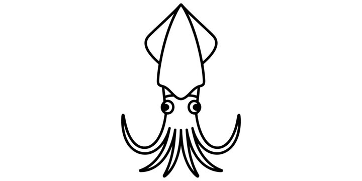 Simple black outline drawing of a cute squid character with tentacles isolated for kids coloring book page art design Vector, illustration