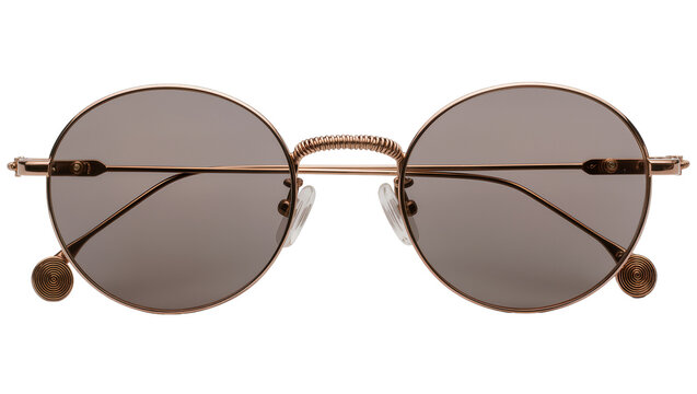 Isolated stylish round sunglasses featuring unique spiral temple accents and bronze frame