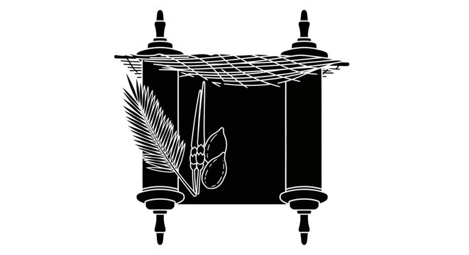 Black silhouette of a Torah scroll with Four Species for Sukkot.