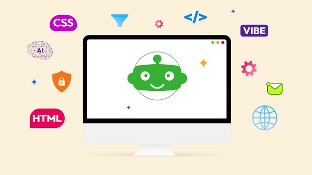 AI robot on computer screen with coding symbols and security shapes 4k animation for tech industry, coding with ai