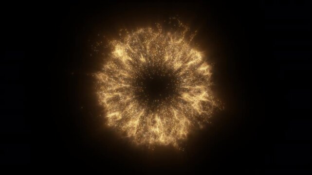 4K Golden Glitter Particle Explosion Abstract Light Burst Background Animation Video. Gold particles isolated on black. Trend effect for motion design, overlays, intros, or festive visuals.