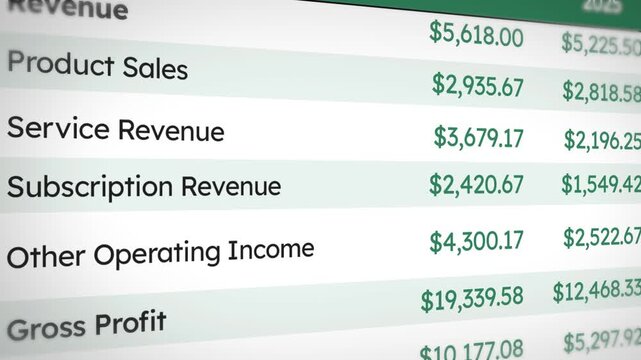Profit and loss statement 4k animation scrolling with all the data including product sales, service revenuse, gross profit, expenses and animating numbers, sample report, business, earnings