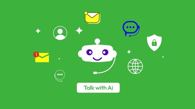 Animated chatbot interface design with communication and security on green background for artificial intelligence, 4k animation, talking with ai, ai help, ai agents
