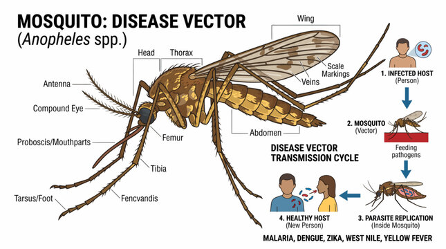 Detailed diagram illustrating mosquito anatomy and disease transmission cycle.