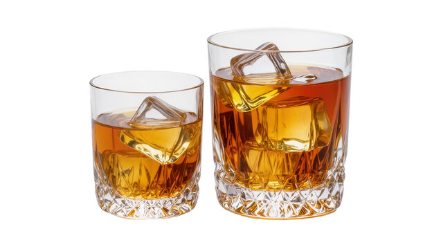 Isolated two elegant crystal whiskey glasses with ice cubes, neat alcoholic beverage