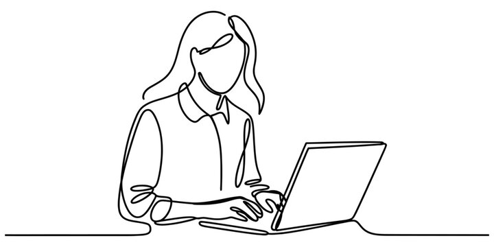 Continuous single line drawing of a young woman working on her laptop computer while sitting at a desk in the office Vector, illustration