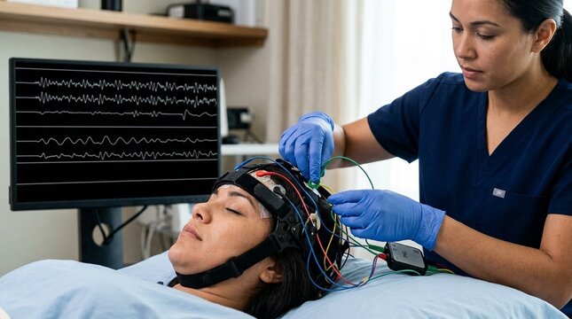 Sleep Technologist Adjusts Polysomnography Electrode Headset on Exam Table &ndash; Sleep Medicine Stock Photo