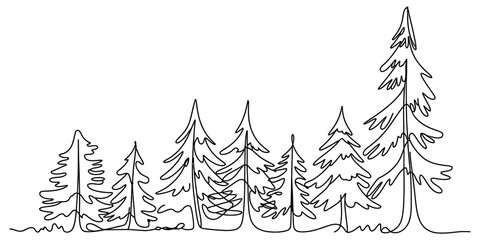 Obraz premium Continuous single line drawing of a small forest with many pine trees and evergreen spruces in a minimalist style Vector, illustration