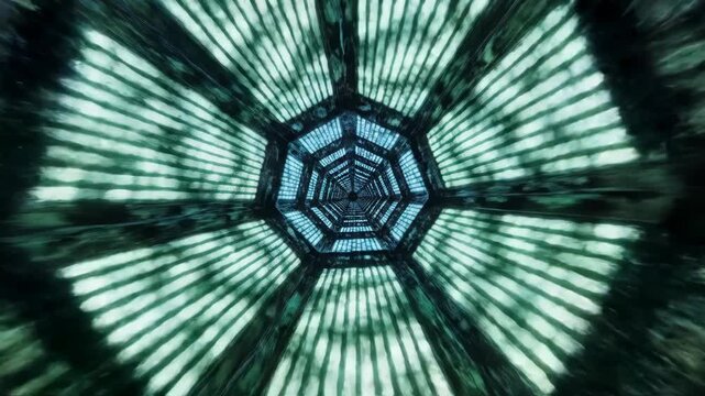 Futuristic blue hexagonal LED tunnel with glowing light panels creating an infinite loop motion blur effect for science fiction, technology, and digital data concepts.