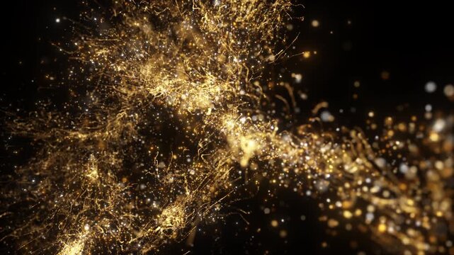 4K Flight of gold bokeh particles. Light magic sparkling glitter golden. On black background. sparkles crossing particles dust gold shining. Christmas, event, year new, anniversary, birthday, Diwali