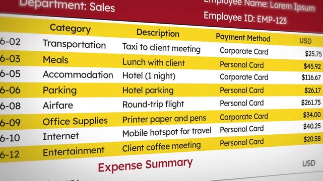 Expense report with breakdown of multiple spendings in different categories including transportation, meals, parking and entertainment, 4k footage close up, business, finance, summary, expenses, sales