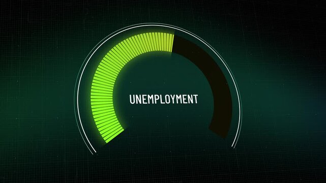 Unemployment rates falling on digital gauge screen, jobless figures decreasing rapidly, labor market recovering, positive economic growth, dashboard interface, decreasing metrics, copy space