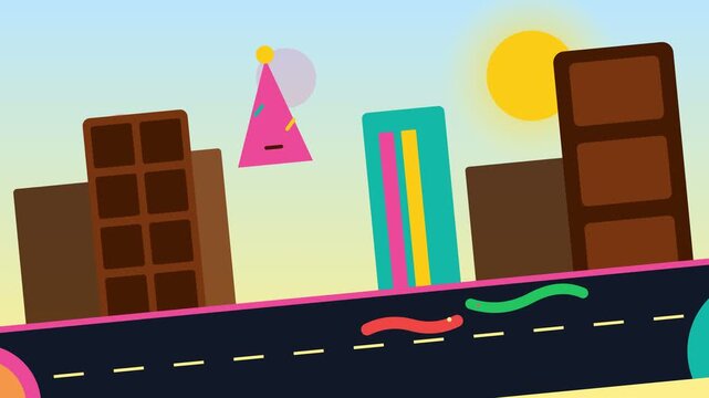Animated Cartoon Cityscape with Moving Road and Floating Party Hat Character.