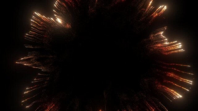 4K Golden Glitter Particle Explosion Abstract Light Burst Background Animation Video. Gold particles isolated on black. Trend effect for motion design, overlays, intros, or festive visuals.