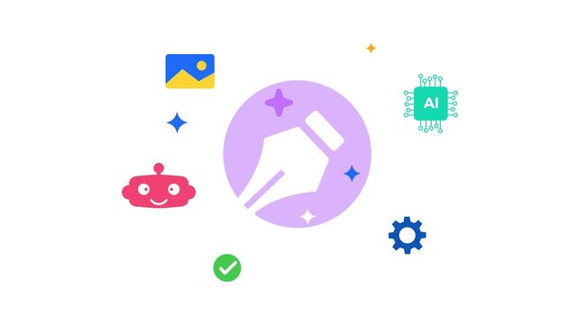 Colorful digital design elements featuring creative AI technology with robot, gear and designing, 4k animation