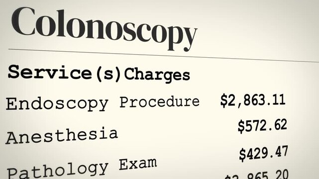 Colonoscopy cost breakdown image detailing endoscopy, anesthesia, and pathology charges for medical billing analysis 4k animation