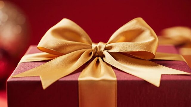 Wrapped gift box with golden bow on red background with copy space