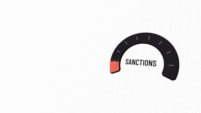 Conceptual sanctions gauge rising to maximum red level, reflecting economic pressure, embargo penalties, trade restrictions, then declining back to low level on white grid, copy space