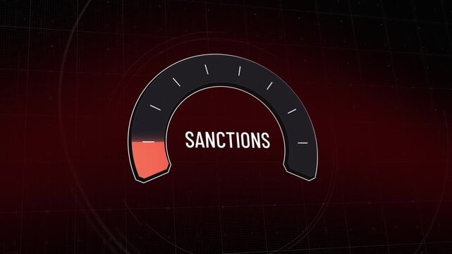 Sanctions level meter rising and falling, glowing red gauge measuring economic pressure, trade embargo restrictions, political tension index dashboard presentation, copy space