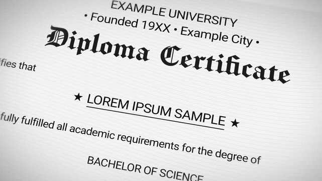 University diploma certificate design template featuring sample text for educational and academic achievement, 4k footage close up, education, study