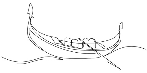 A single continuous line drawing of a traditional venetian gondola boat floating on water for travel and tourism art Vector, illustration © KDP Publisher