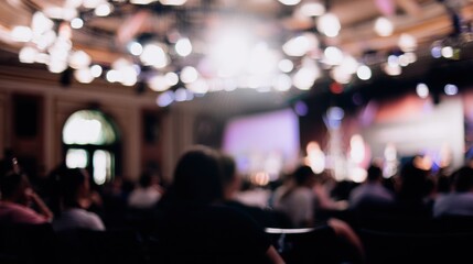 Naklejka premium People sit and watch a presentation in a brightly lit room during an event in a large venue