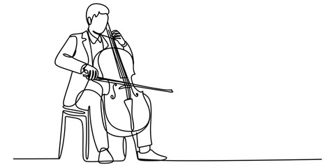 A man playing a cello instrument in a continuous single line drawing style representing classical music performance Vector, illustration © KDP Publisher
